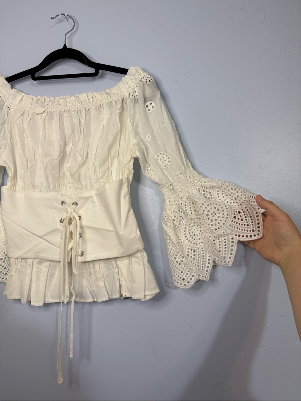 Off-Shoulder Eyelet Peasant Top with Lace-Up Waist Fairycore Boho - Picture 3 of 7